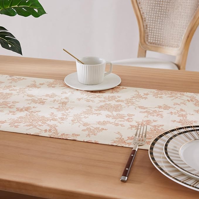 100% Cotton French Pastoral Table Runners, 13x60 Inch Taupe Farmhouse Table Runners 60 Inches Long, Vintage Flowers Print Home Decors