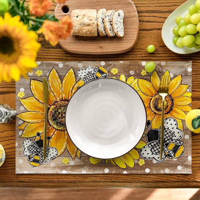 Artoid Mode Wood Sunflower Bee Flower Polka Dot Summer Placemats Set of 4, 12x18 Inch Table Mats for Table Runner Party Kitchen Dining Decoration