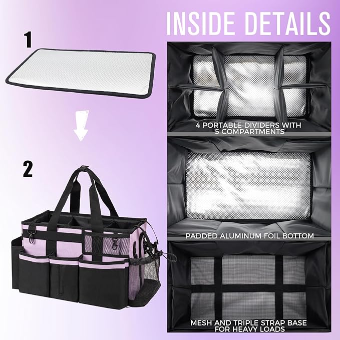 SCAVATA Wearable Cleaning Caddy, Cleaning Caddy Supplies Organizer with Handle & Shoulder Straps for Housekeepers, Under Sink & Car Cleaning Tool Organizers Bag with 4 Foldable Divider (Lilac)