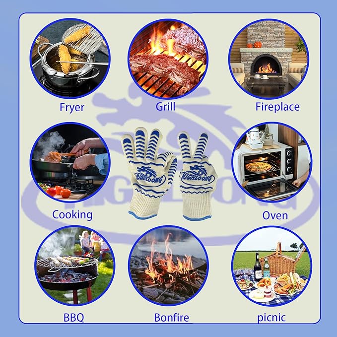 BBQ Grill Gloves Heat Resistant, 1472℉ Heat Resistance Fireproof Glove for Grilling Smoking Barbecue Oven Mitts Extreme Hot Proof Mittens for Kitchen Cooking Baking