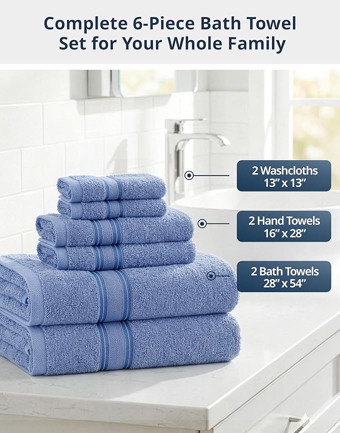 LANE LINEN Luxury Bath Towels Set - 6 Piece Set, 100% Cotton Bathroom Towel, Zero Twist, Quick Dry Shower Towels, Soft Absorbent Bath Towel, 2 Bath Towels, 2 Hand Towels, 2 Wash Cloths - Allure