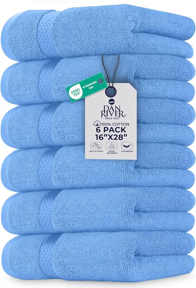 DAN RIVER 6-Pack Premium Hand Towels (16x28 Inches) - 100% Cotton, Ultra Soft, Lightweight, Highly Absorbent Towels for Bathroom, Spa, Gym, Salon, Hotel, and Travel - Medium Blue