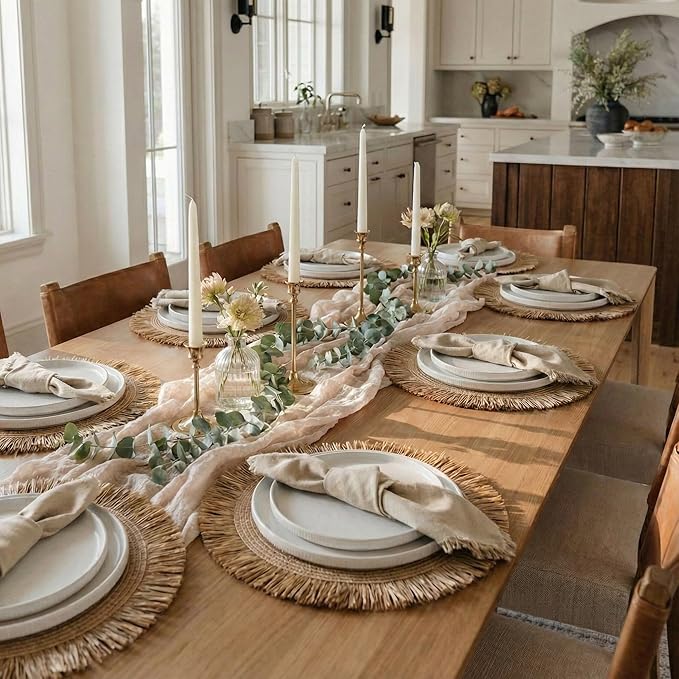 Decorative Boho Table Placemats Set of 6 with Matching Linen-Textured Napkins - Beautiful Natural Decor Elevates Your Dining Room or Kitchen Setting - Easy to Style & Mix with Linen Inspired Material