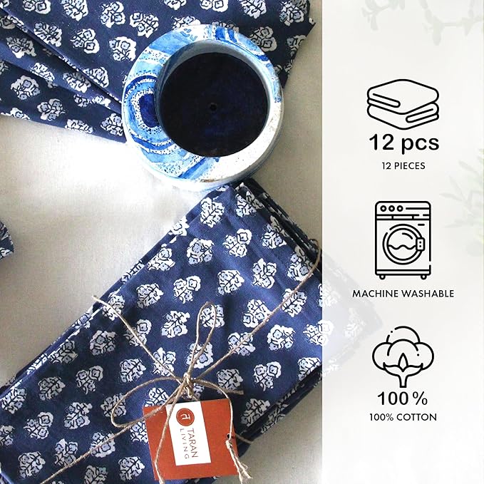 Taran Living Cloth Napkins Set of 12, Printed Floral Blue Fall Dinner Napkins, Soft Washable Table Napkins for HaloweenThanksgiving Christmas Parties Holiday Farhouse Décor, 18x 18