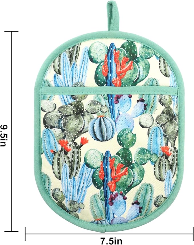 Pot Holders Set of 2 with Transparent Clear Silicone Shell and Nice Cactus Flower Cotton Lining, Heat Resistant to 500 F Kitchen Oven Gloves Pot Holder for Cooking (Cactus Flower, Potholders)