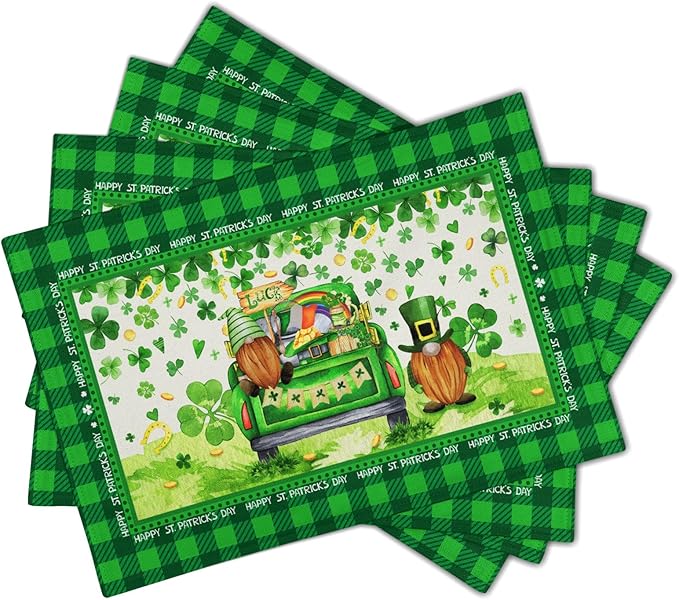 St. Patrick's Day Placemats 12x18 Inch Gnomes Truck Shamrock Clover Gold Coin Heat Resistant Table Mats Set of 4 Green Buffalo Plaid Washable Place Mats for Home Kitchen Dining Holiday Party
