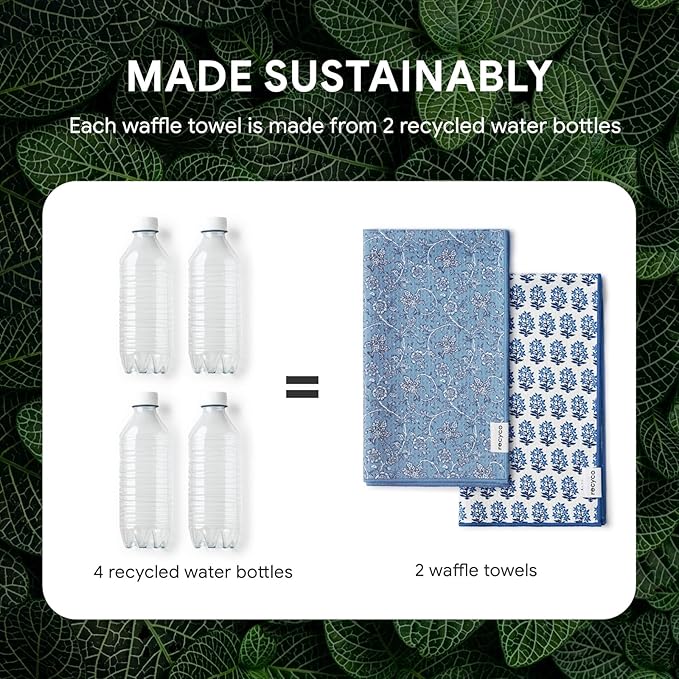 RECYCO Waffle Kitchen Towel Set of 2 - Quick Dry Microfiber Sustainable Dish Towels - Ultra Absorbent Reusable Cleaning Tea Towels - Lightweight Hand Towels,16”x 28”, Porcelain Blue