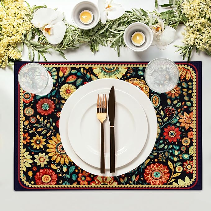 Boho Florals Placemat Set of 4 Colorful Flower Linen Place Mat for Home Decor