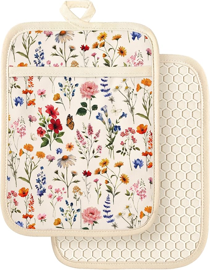 Slohif Silcone Flowers Pot Holders for Kitchen - 100% Cotton Beige Cute Oven Potholders with Pockets, Heat Resistant Square Thick Hot Pads, House New Home Baking Baker Gifts,2pack