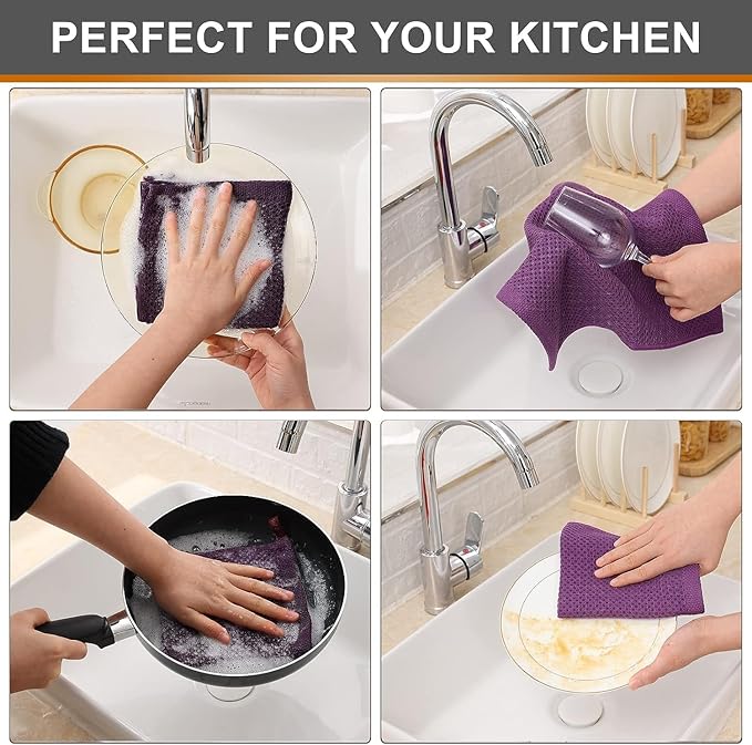 Kitinjoy 100% Cotton Kitchen Dish Cloths (12 X 12 Inches, Violet), 8 Pack Waffle Weave Ultra Soft Absorbent Dish Towels for Drying Dishes Quick Drying Kitchen Towels Dish Rags