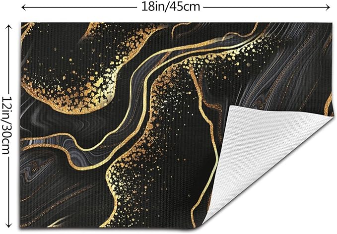 Black Gold Marble Texture Placemats Set of 4, Black Table Mats, Heat Resistant Washable Linen Place Mats for Kitchen Dining Table Farmhouse 12"x18", Black Gold Kitchen Decor