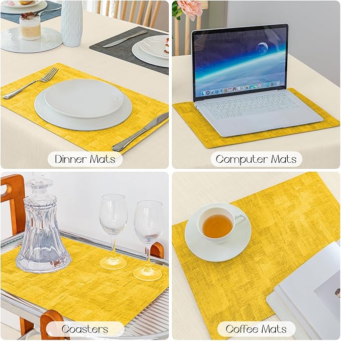 Romanstile Vinyl Placemats Set of 8-12x17 Inch, Reversible Waterproof Washable Non Slip Table Mats, Faux Leather Heat Resistant Wipeable Table Placemats for Dining/Party/Indoor/Outdoor, Grey-Yellow