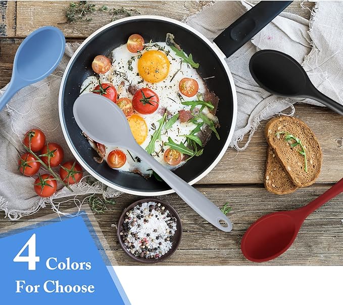 Shappy 4 Pieces Silicone Cooking Spoons 10.6 Inch Heat Resistant Kitchen Spoons for Mixing, Serving and Stirring Upgrade Large Non Stick Basting Utensils, Dishwasher Safe(Spoon,Fashionable Color)