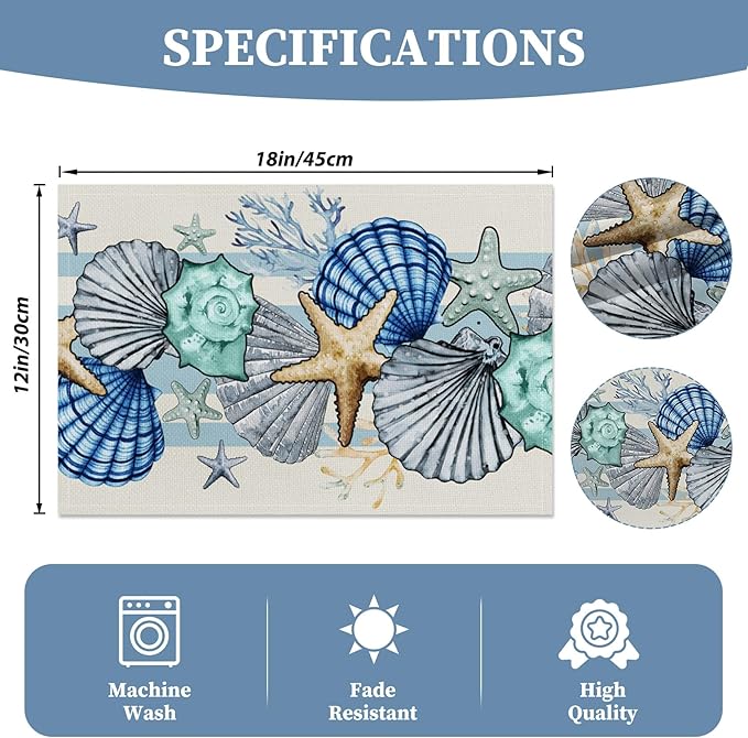 Sea Shell Starfish Beach Placemats Set of 4, 12x18 Inch Seasonal Spring Ocean Coastal Washable Linen Nautical Table Mats for Party Kitchen Dining Decoration