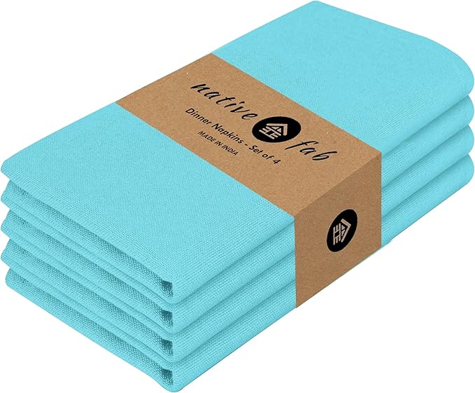 Native Fab Blue Cloth Napkins, 4 Pack, 100% Cotton, 17x17 Inches, Heavy Duty, Soft Texture, Quick Drying, Great for Spring Holidays, Family Gatherings, Baby Showers, Restaurant Use, Ocean Blue