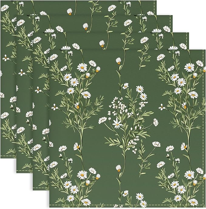 Spring Summer Daisy Napkins, 18×18 Inch Dinner Cloth Napkins Set of 4, Washable Cotton Soft Absorbent Square Table Top Decoration for Dining Kitchen Party Wedding