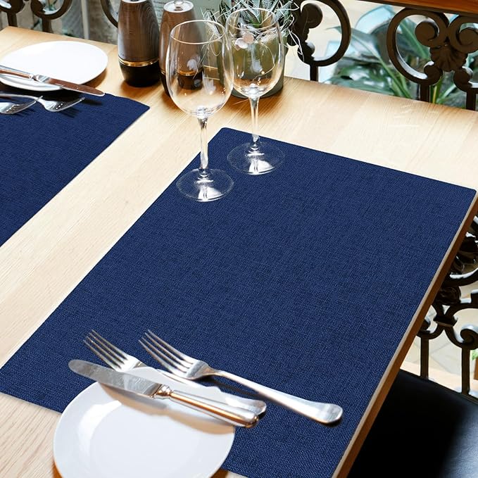 Cloth Placemats Set of 4, Cotton Linen Blend Machine Washable Double Layered Place Mats, Heat Resistant Placemats Wrinkle Free Thick Fabric Dining Table Mats for Indoors & Outdoors (Navy Blue, 4)