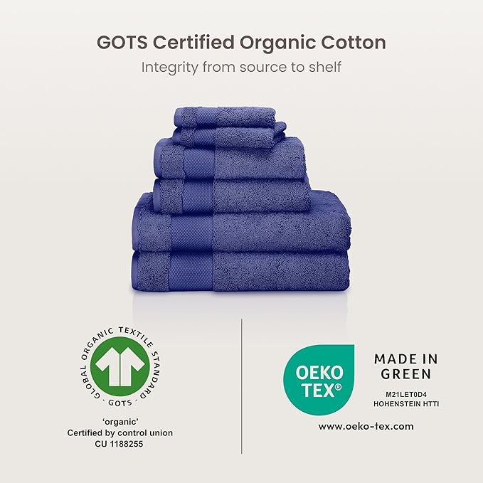 BIOWEAVES 100% Organic Cotton Bath Towel Set | 700 GSM Plush 6-Piece Premium Towel Set GOTS Certified, 2 Bath Towels, 2 Hand Towels & 2 Washcloths - Navy Blue