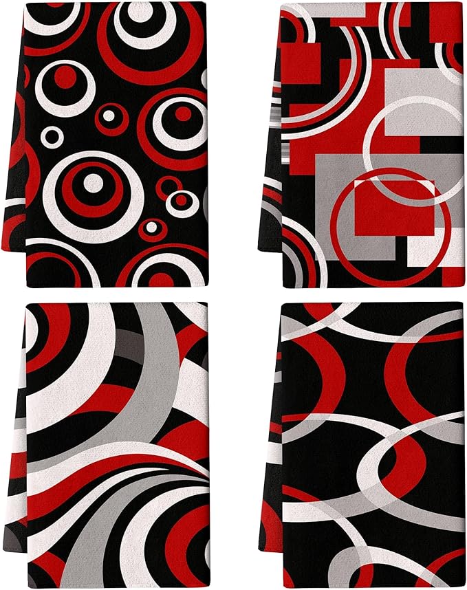 Red Black Grey White Kitchen Dish Towels Set of 4, Soft Absorbent Modern Abstract Decorative Tea Towels for Kitchen, Hand Drying Baking Cooking Cloth 16x24 Inch