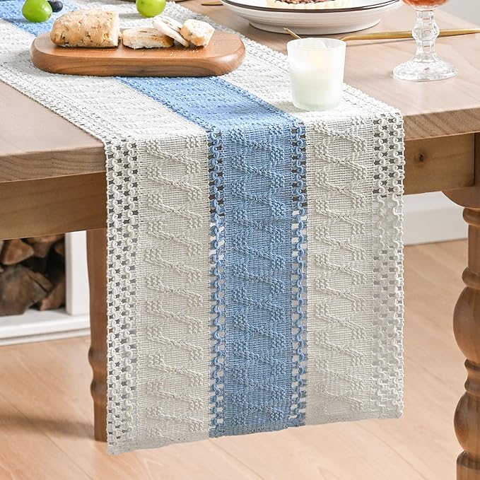 Artoid Mode Sky Blue Farmhouse Rustic Table Runner, Seasonal Holiday Hollow Kitchen Dining Table Decoration for Home Party Decor 12x90 Inch