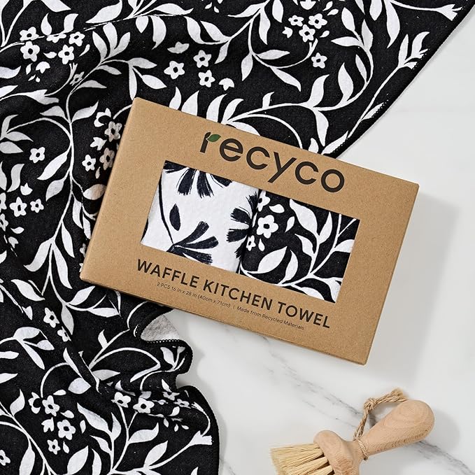 RECYCO Waffle Kitchen Towel Set of 2 - Quick Dry Microfiber Sustainable Dish Towels - Ultra Absorbent Reusable Cleaning Tea Towels - Lightweight Hand Towels,16”x 28”, Black & White Florals