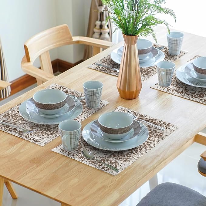 aportt Gray Brown Boho Placemats Set of 4 Ethnic Bohemian Carpet Place Mats Washable Kitchen Dining Vintage Grey Geography Floral Linen Table Mats Stain Heat-Resistant for Home Party Indoor 12x18 in