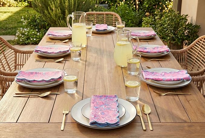 PurpleEssences Scalloped Embroidery Kalamkari Cloth Napkins - Spring Easter Summer - Table Decor - 100% Cotton - Set of 4-18x18 inch - Blush Pink Edges Light Blue