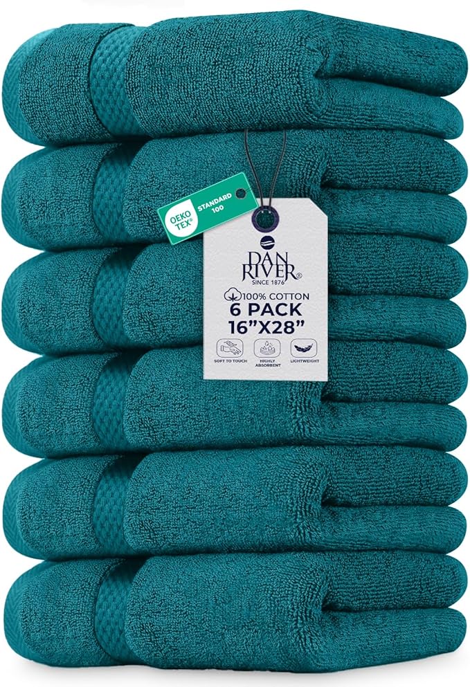DAN RIVER 6-Pack Premium Hand Towels (16x28 Inches) - 100% Cotton, Ultra Soft, Lightweight, Highly Absorbent Towels for Bathroom, Spa, Gym, Salon, Hotel, and Travel - Teal