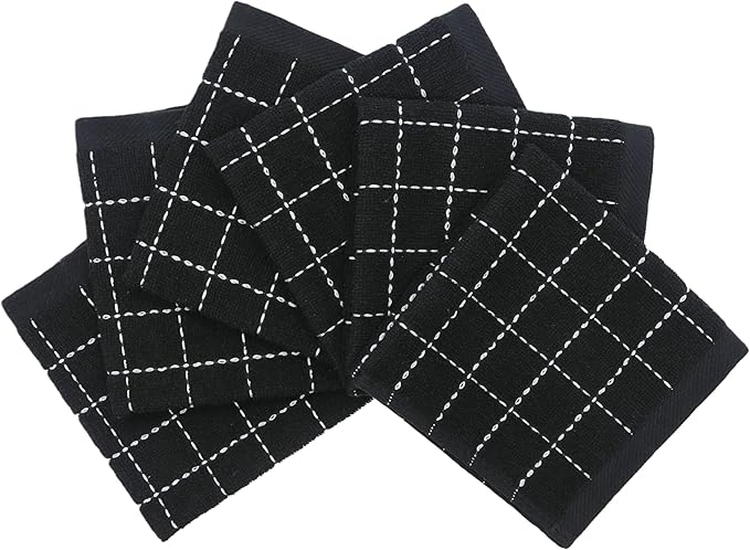 Cotton Terry Dish Cloths, Absorbent Dish Towels for Kitchen Drying, Soft Wash Cloths Multipurpose Dish Rags for Washing Dishes, 12 x 12 Inches, Set of 6 (Black)