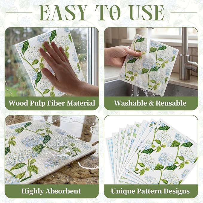 Tegeme 8 Pcs Blue Hydrangea Swedish Themed Dishcloth Spring Summer Watercolor Hydrangea Floral Kitchen Dish Towel Absorbent Cotton Reusable Towel for Home Party Housewarming Counter Wipe, 6.8 x 7.7''