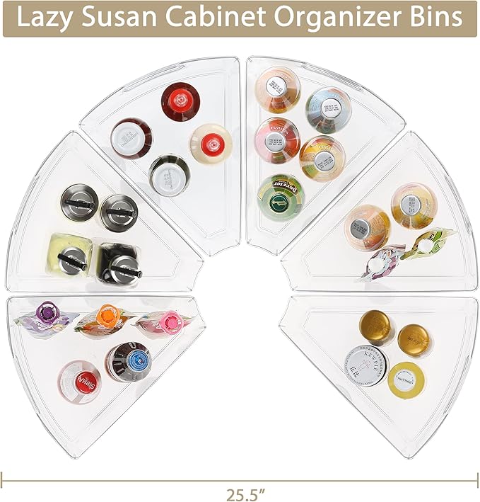 URALFA Lazy Susan Organizer Bins, Corner Cabinet Clear Turntable Organizer, Plastic Corner Kitchen Storage Bins for 26"- 28" Diameter Corner Cabinet Lazy Susan, 1/8 Wedge-BPA Free, 6 Pack
