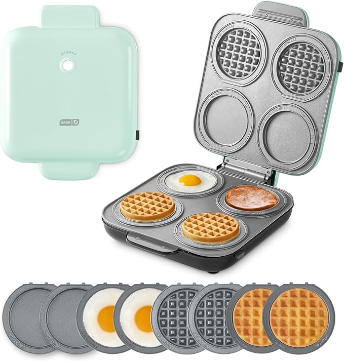 Dash MultiMaker® Family Mini Maker System - Dual Ceramic Nonstick Cooking Surfaces - Built-In Cord Wrap - Makes 4-Inch Waffles - Aqua, 8 Plates