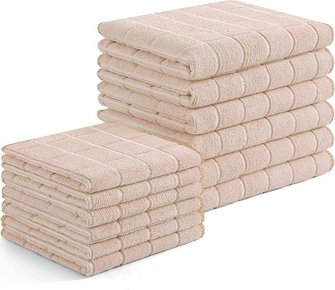Homaxy Microfiber Kitchen Towels and Dishcloths Set, 12 Pack Soft and Absorbent Dish Hand Towels Bulk, 28 x 16 Inch & 12 x 12 Inch Quick Drying Rags for Washing Dishes, Beige