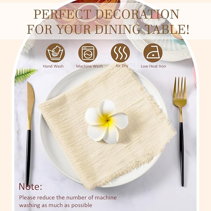 Preboun 24 Pcs Fringe Napkins Bulk Cloth Cotton Soft 17 x 17 Inch Rustic Reusable Washable Festive Square Table Napkins with Fringe for Parties Wedding Restaurant Table Accessory(Ivory)