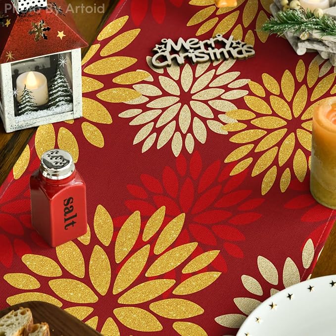 Artoid Mode Red Orange Dahlia Floral 2025 New Year Table Runner, Spring Festival Winter Holiday Kitchen Dining Table Decoration for Home Party Decor 13x72 Inch