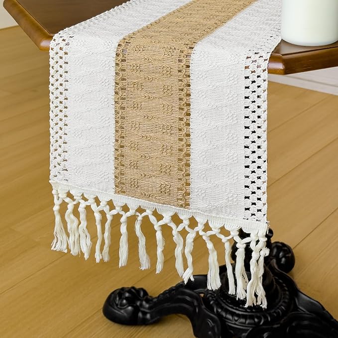 Boho Table Runner for Home Decor with Tassels 60 Inches Farmhouse Rustic Beige & Brown Table Runner Macrame Burlap Table Decoration for Living Room Bridal Shower(12x60 Inches, Fringe Included)