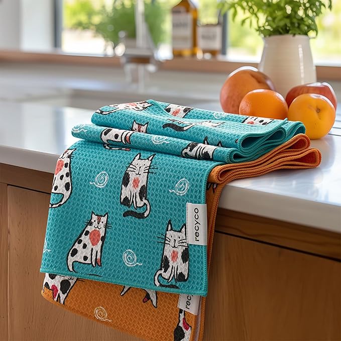 RECYCO Waffle Kitchen Towel Set of 2 - Quick Dry Microfiber Sustainable Dish Towels - Ultra Absorbent Reusable Cleaning Tea Towels - Lightweight Hand Towels,16”x 28”, Cuddly Cats