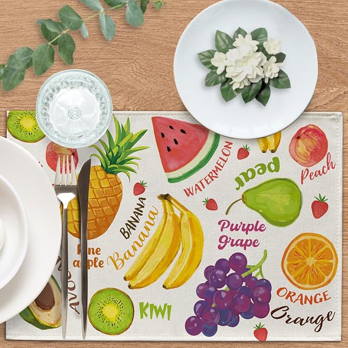 Watercolor Fruit Placemats Set of 4, Spring Summer Watermelon Pineapple Banana Orange Dining Table Place Mats, Grapes Pearl Peach Kiwi Avocado Strawberry Kitchen Home Decoration 12''x18''