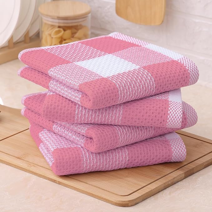 Mordimy 100% Cotton Waffle Weave Kitchen Towels, 13 x 28 Inches, Super Soft and Absorbent Buffalo Check Dish Towels for Drying Dishes, 4-Pack, Pink