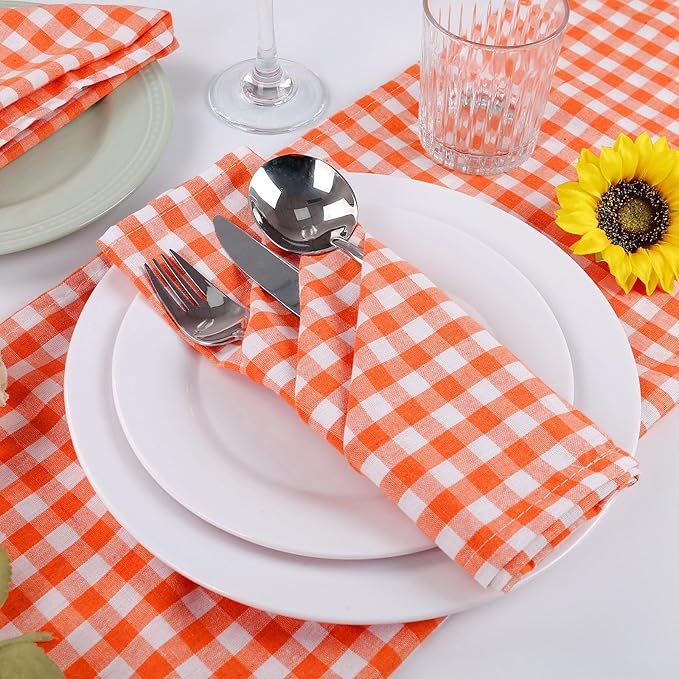 Orange White Buffalo Plaid Cloth Napkins Set of 6, Fall Cotton Table Napkins Washable, Reusable Gingham Cloth Dinner Napkins for Autumn Weeding, Parties, Thanksgiving, Christmas, Dining Celebration