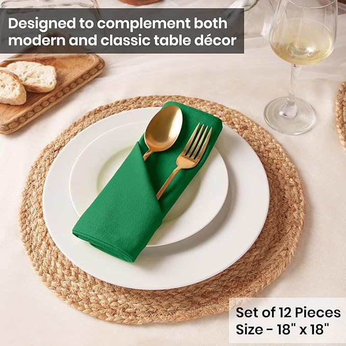 Blue Needles Solid Cloth Napkins Set of 12 St Patrick's Green 100% Cotton Dinner Napkins 18x18 inches - Soft, Reusable, Absorbent & Washable Linen, Ideal for Christmas Events, Parties & Everyday Use