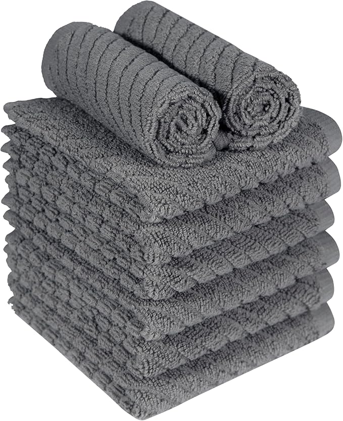 Bumble Towels Premium Kitchen Dish Cloths (12" x 12") | 8 Pack | Diagonal Deluxe Dish Cloth | High Absorbent Tea Towels Set | Gray