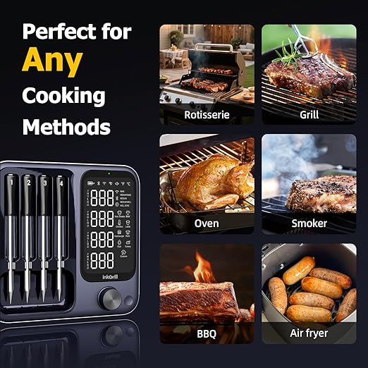 Wireless Meat Thermometer with APP Control，4 Probes Meat Thermometer Digital, Unlimited Range WiFi & Bluetooth Meat Thermometerfor for Rotisserie，Grill，Oven，Smoker，BBQ, Air Fryer