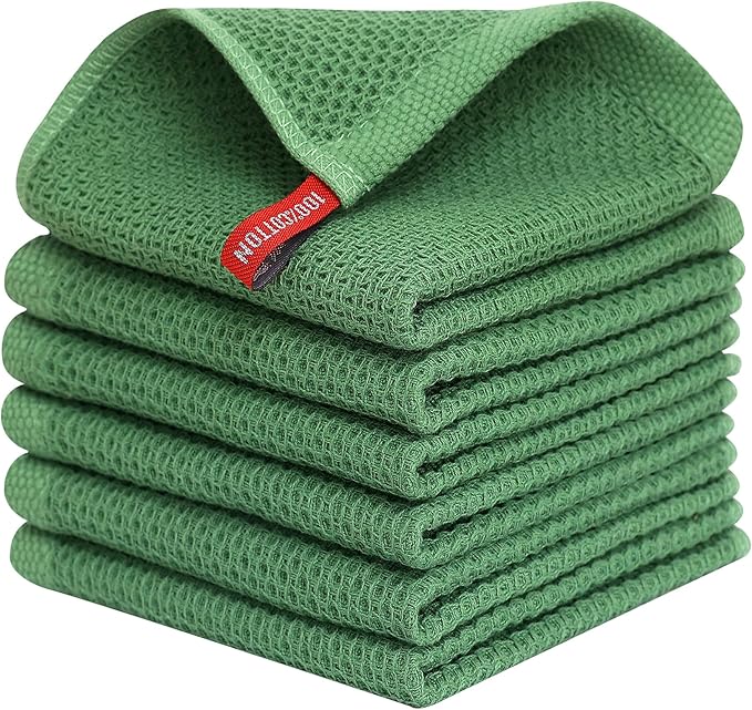 Kitinjoy 100% Cotton Kitchen Dish Cloths (12 X 12 Inches, Grass Green), 6 Pack Waffle Weave Ultra Soft Absorbent Dish Towels for Drying Dishes Quick Drying Kitchen Towels Dish Rags