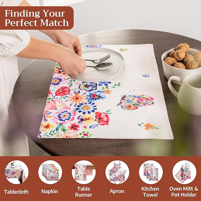 Maison d' Hermine Placemats Set of 4 100% Cotton Washable Cloth Place Mats Reusable Table Mats for Kitchen Dining Party Gifts for Mothers Day Spring/Summer(Happy Florals - High Summer, 13" x 19")