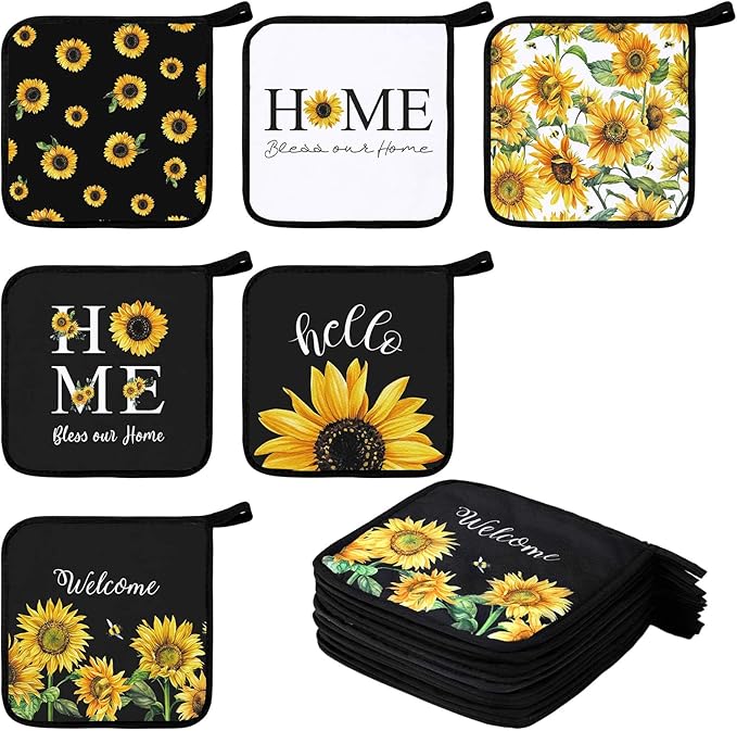 Bencailor 12 Pcs Pot Holders with Pocket Kitchen Hot Potholders Hot Pad Oven Mitts Cookie Bag Oven Gloves for Kitchen Gift Baking Cooking(Yellow,Hello Sunflower)
