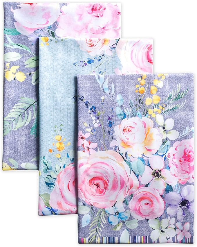 Maison d' Hermine Kitchen Towels Set of 3 100% Cotton 27.50" x 20" Reusable Cloth Tea Dish Towels Absorbent with Hanging Loop for Gifts for Mothers Day Spring/Summer (Sweet Rose Lavender - Lush)