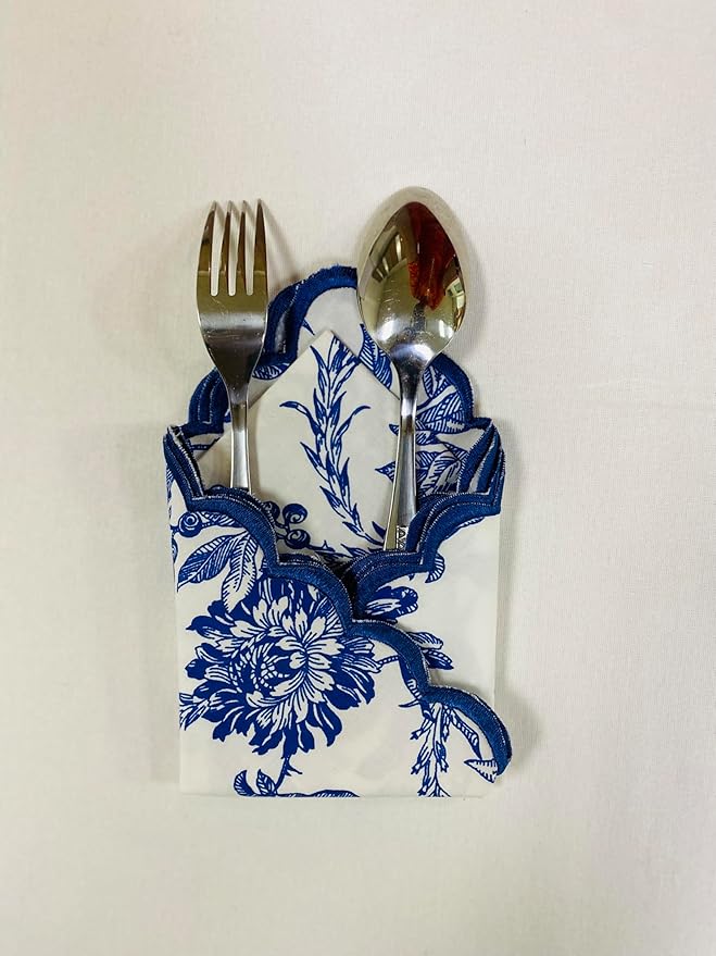 Ridhi Hand Block Print Incremental Blue 18" x 18" (Set of 4) Embroidery Table Napkins Reusable Cotton Dinner Napkins for Weddings, Parties, Everyday Dining Gift for Spring, Easter, Valentine
