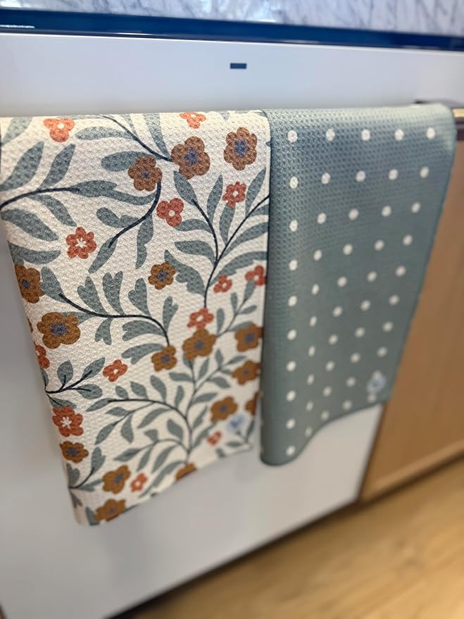2 Pack || Double Sided|| Not Your Ordinary Kitchen Towels || Dish Towels || Quick Dry || Waffle Weave Microfiber || Designer Prints || Highly Absorbent || Hanging Hook (Green)