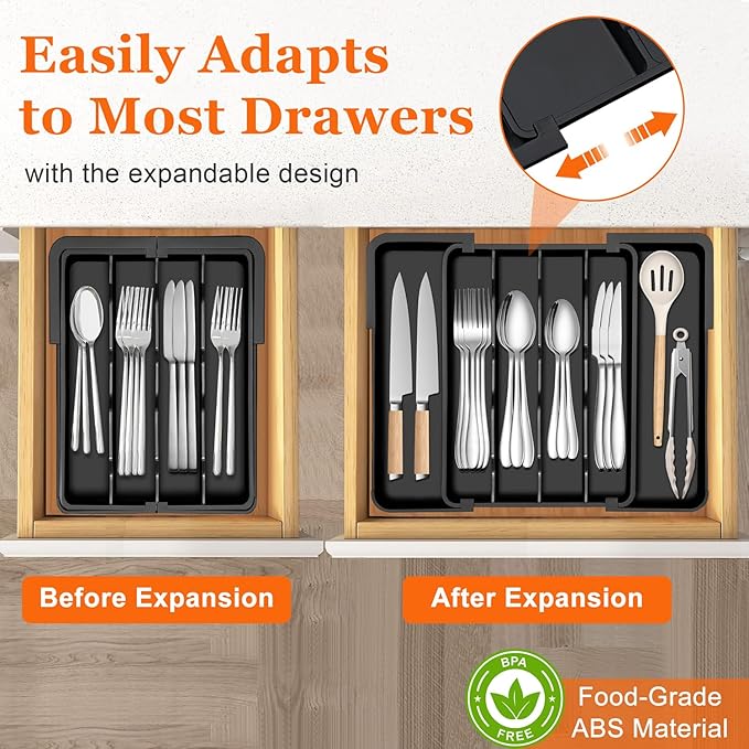 Spaclear Kitchen Silverware Organizer for Drawer - Expandable Silverware Drawer Organizer Adjustable Utensil Drawer Holder, Flatware Cutlery Tray for Spoons Forks Kitchen Organizers Storage,Black, S